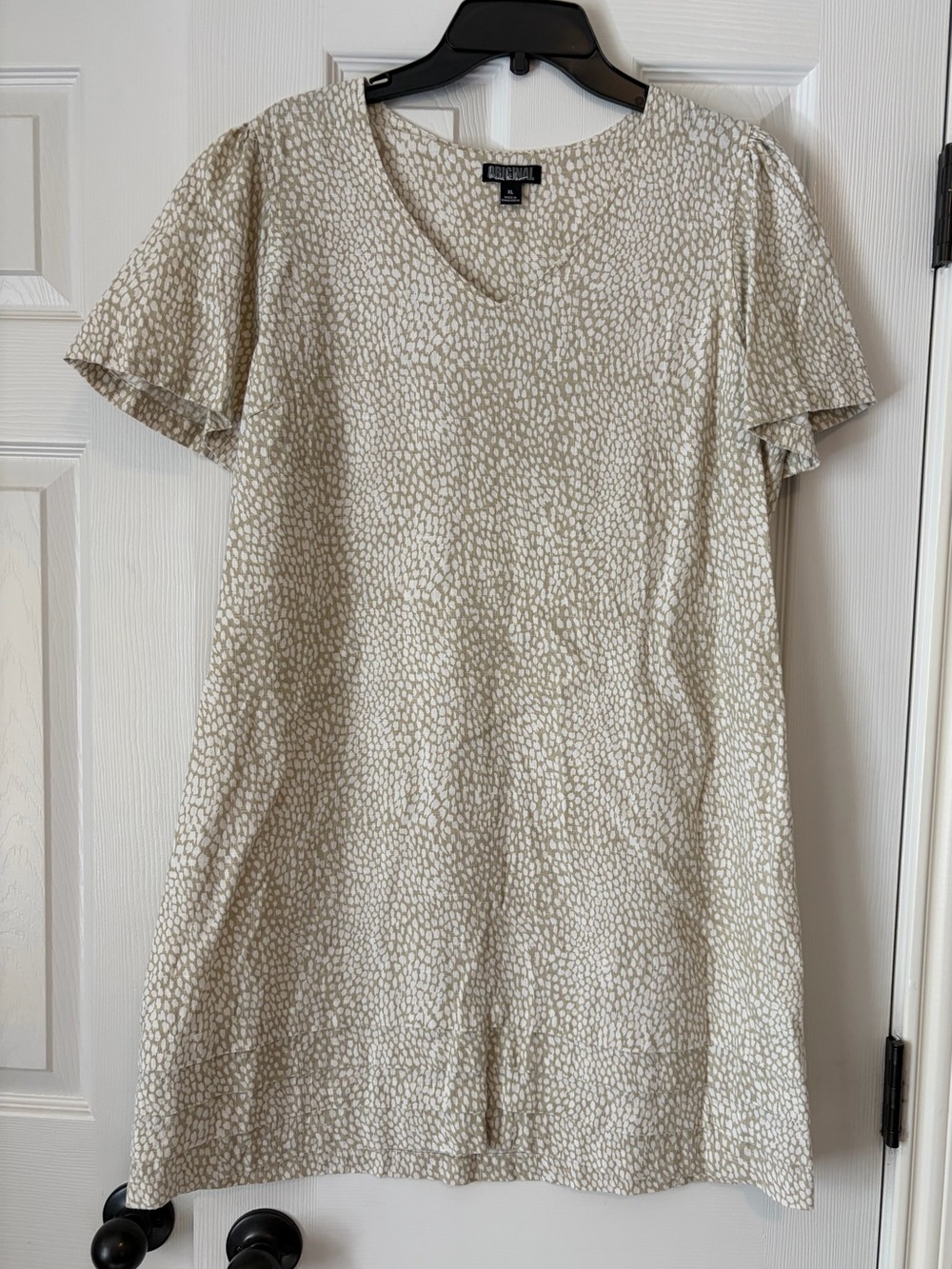 EUC Nicole Miller Cream and Tan Pebble Print V-Neck linen dress sz XL